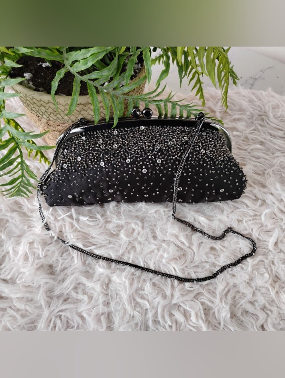 Lulu Townsend Black Beaded Evening Clutch with Chain Strap